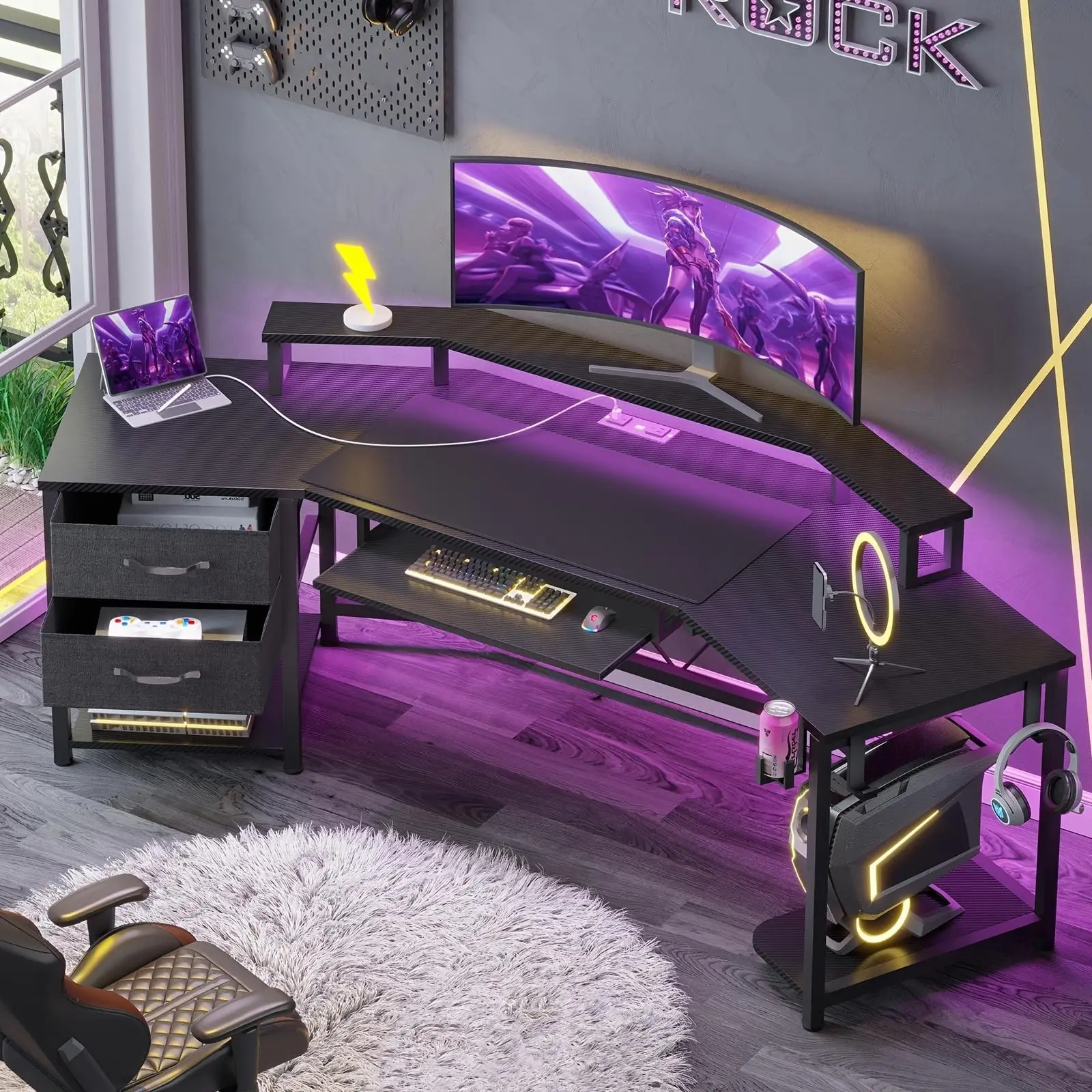 79 Inch Gaming Desk with LED Lights And Power Outlets, Computer Desk with 2 Fabric Drawers, Open Shelves, CPU Stand, Cup Holder, Headphone Hooks And Keyboard Tray, Modern Desk in the Corner PC Workstation for Bedroom
