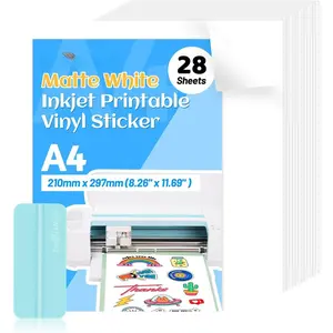 Matte White Printable Vinyl Sticker Paper for Inkjet Printers, 8.26"x11.69" A4 Sticker Sheets, 28-Count Pack with Label Paper for Banners, Mugs, Graphics, Craft Cutters