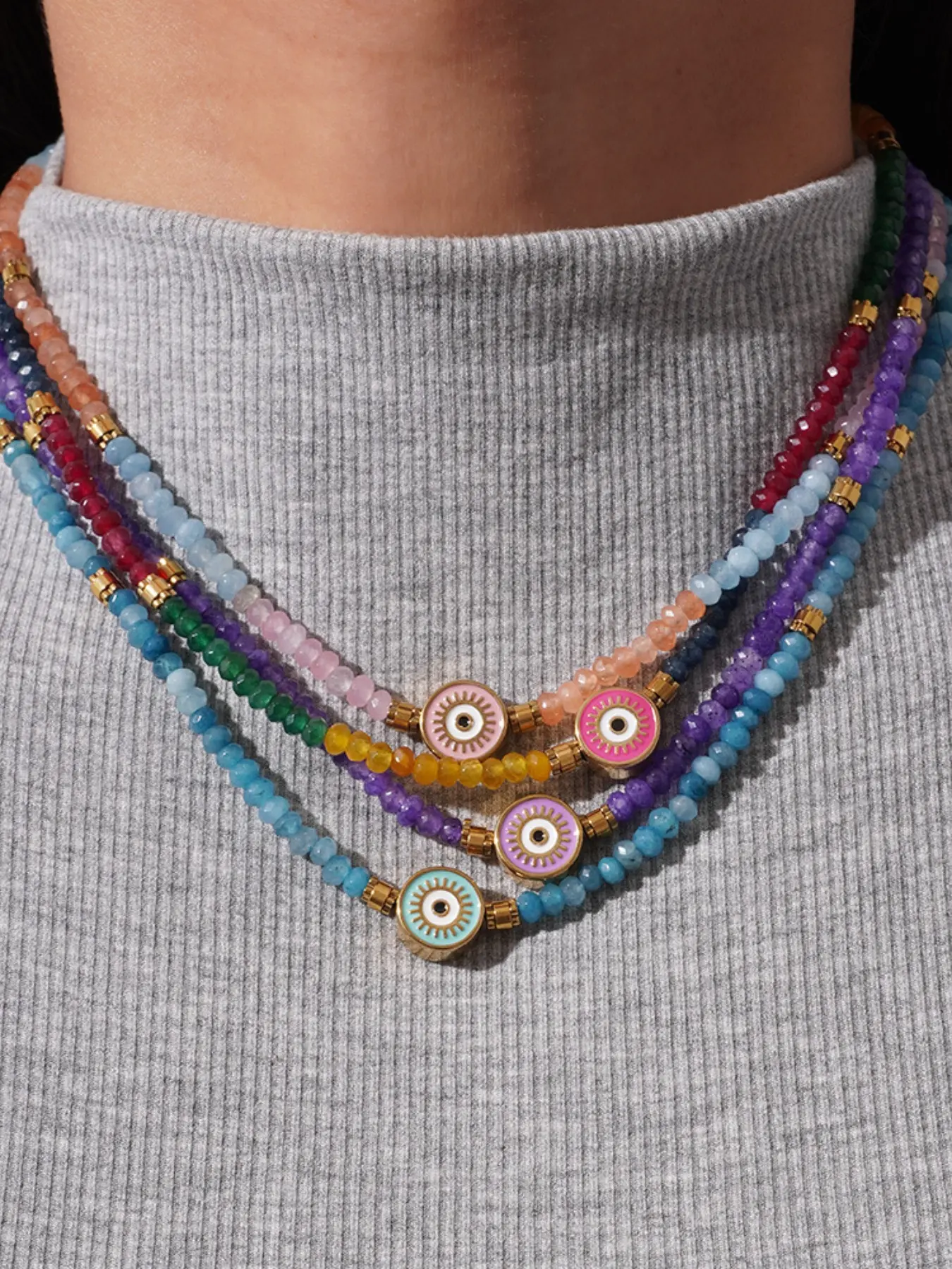 Women Boho Style Natural Stone Beaded Necklace, Colorful Crystal Pendant Design Handmade Healing Jewelry Gift for Summer Beach Vacation Unique Crystal Design