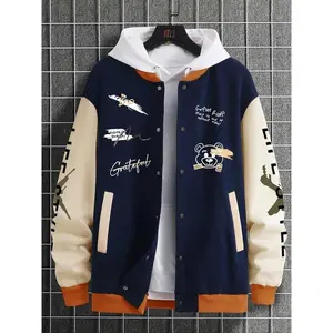 2026 Men's Bear Cartoon & Letter Print Varsity Jacket Drop Shoulder Loose Casual Preppy Style Long Sleeve Pocket Button Front Outerwear Daily Wear Autumn Spring Street Style Lightweight