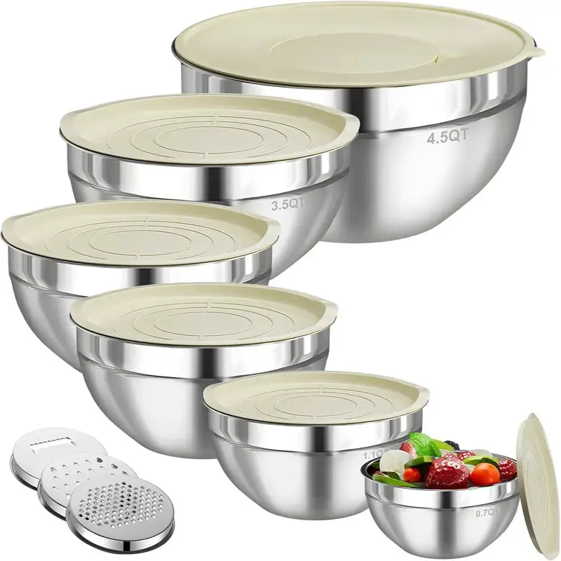 [eComify] 6 Piece Mixing Bowl with Lids Set,Stainless Steel Storage Bowls Kitchen,3 Grinder Attachments,Tableware Food Organizer Nesting Bowls Cooking Baking Airtight Kitchenware