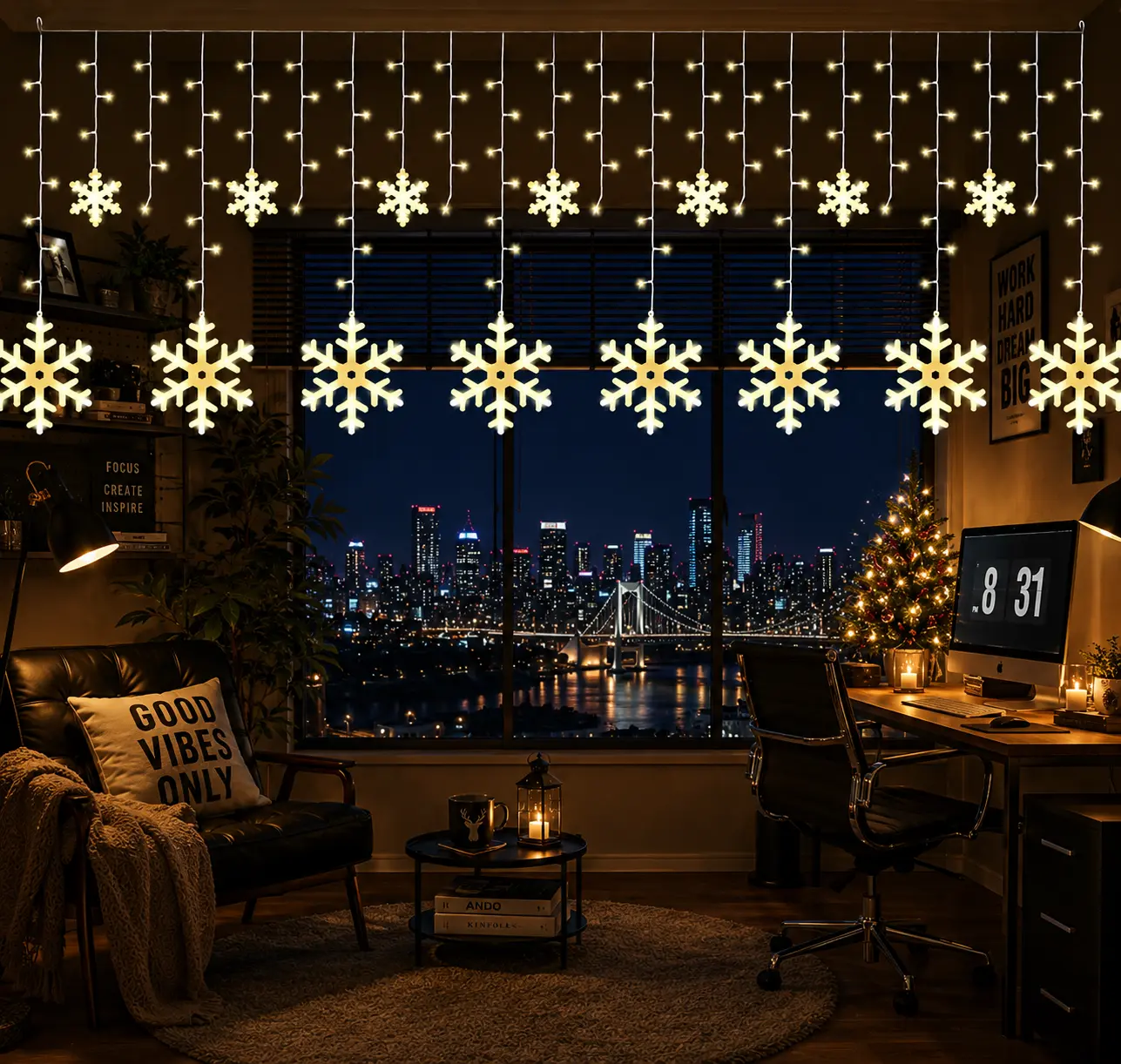 158 LED Snowflake Curtain String Lights | 11.5Ft Warm White Battery Operated, Batteries Not Included, Connectable Indoor Outdoor Holiday Decoration
