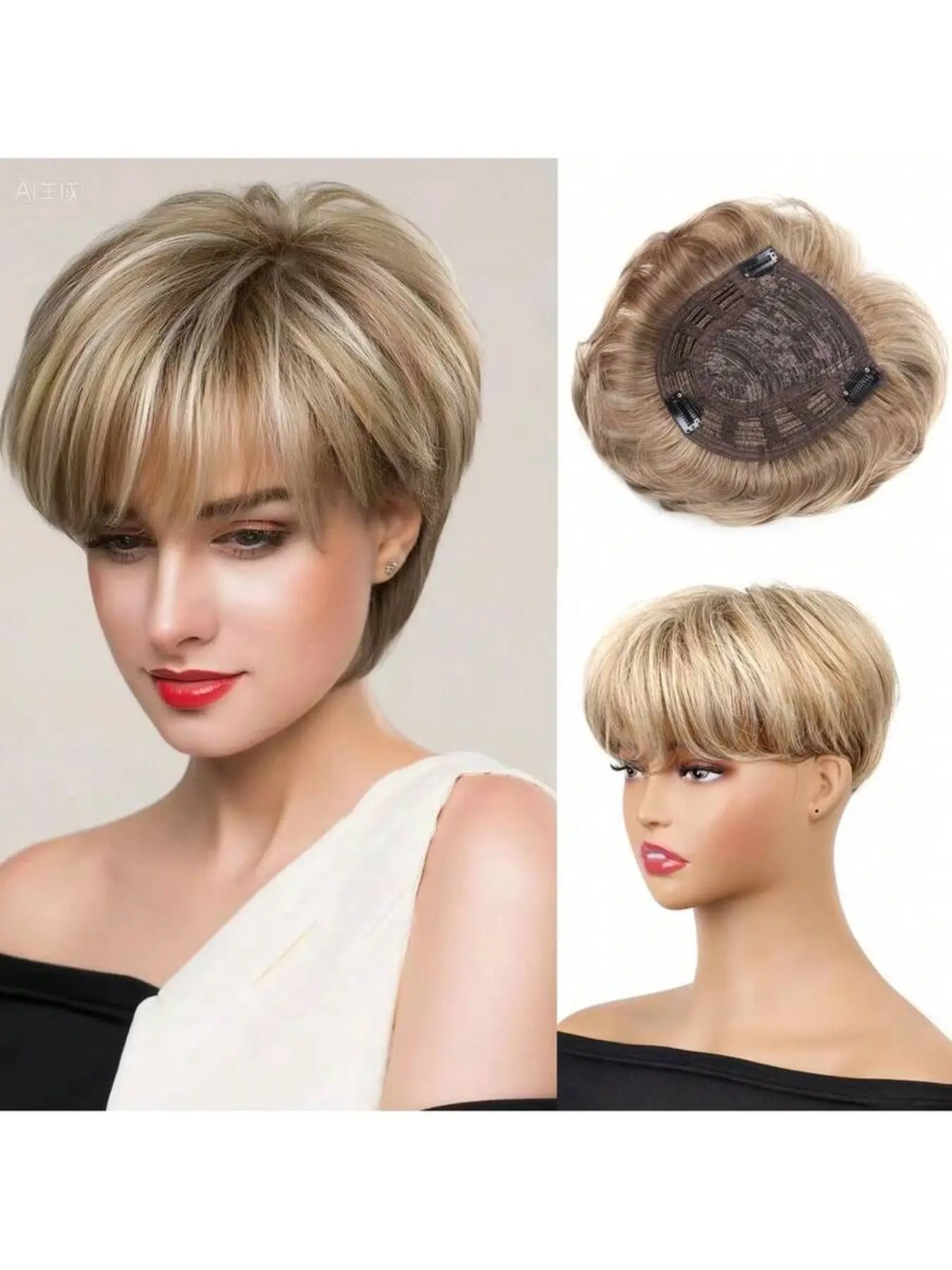 Short Hair Toppers for Women Magic Pixie Cut Straight Hair Pieces Natural Blonde Hair topper with Bangs Synthetic Smooth Wig for Women Daily Use