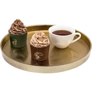 Gold Tone Cast Aluminum Round Serving Tray, Decorative Tabletop Centerpiece Base