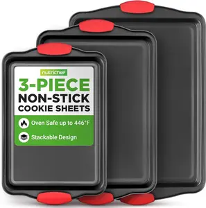 3 Piece Nonstick Baking Sheet Set with Silicone Handles Carbon Steel Cookie Sheets Small Medium Large Stackable Oven Trays for Baking Cookies Vegetables Pastries Kitchen Bakeware Set