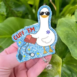Cuff 'Em Nurse Badge Reel – Funny EMT Goose ID Holder – Cute Blood Pressure Reel – CNA Paramedic Medical Badge Clip – Nurse Week Accessory