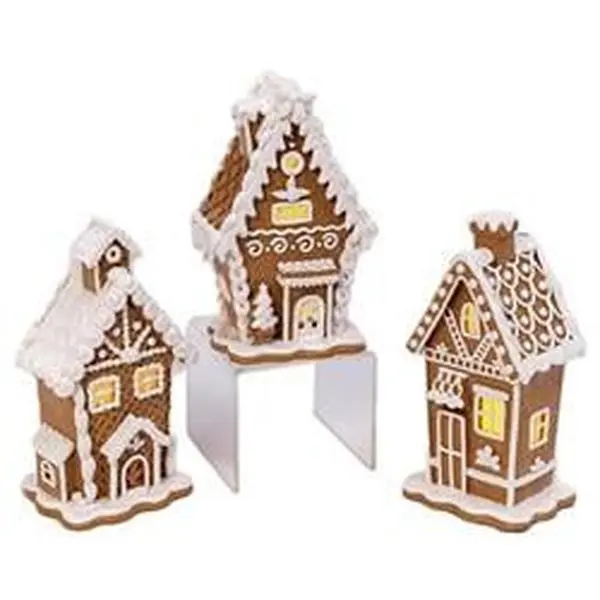 Gerson 9080804 LED-Lighted Claydough Gingerbread House Decorative Set - 7h x 3w x 4l in Brown & White, Indoor Holiday Centerpiece, Pack of 3