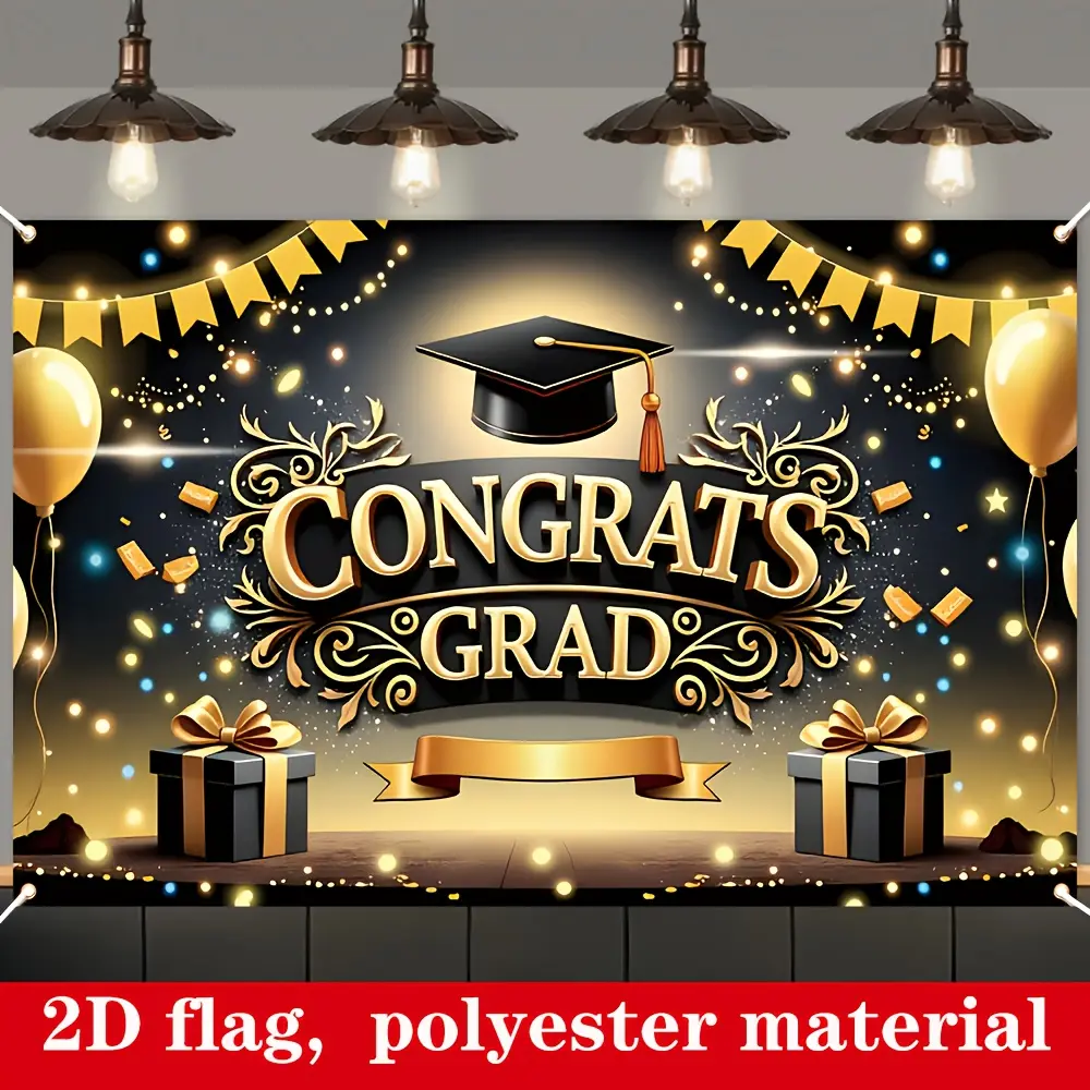 2D flat banner, Large Graduation Banner - Durable Polyester, "Congrats GRAD" with Cap and Diploma Design, Sparkling Lights and Balloons, Ideal for Indoor/Outdoor Graduation Party Decorations, Celebration Banner|Vintage Cap Decor|Smooth Texture Banner