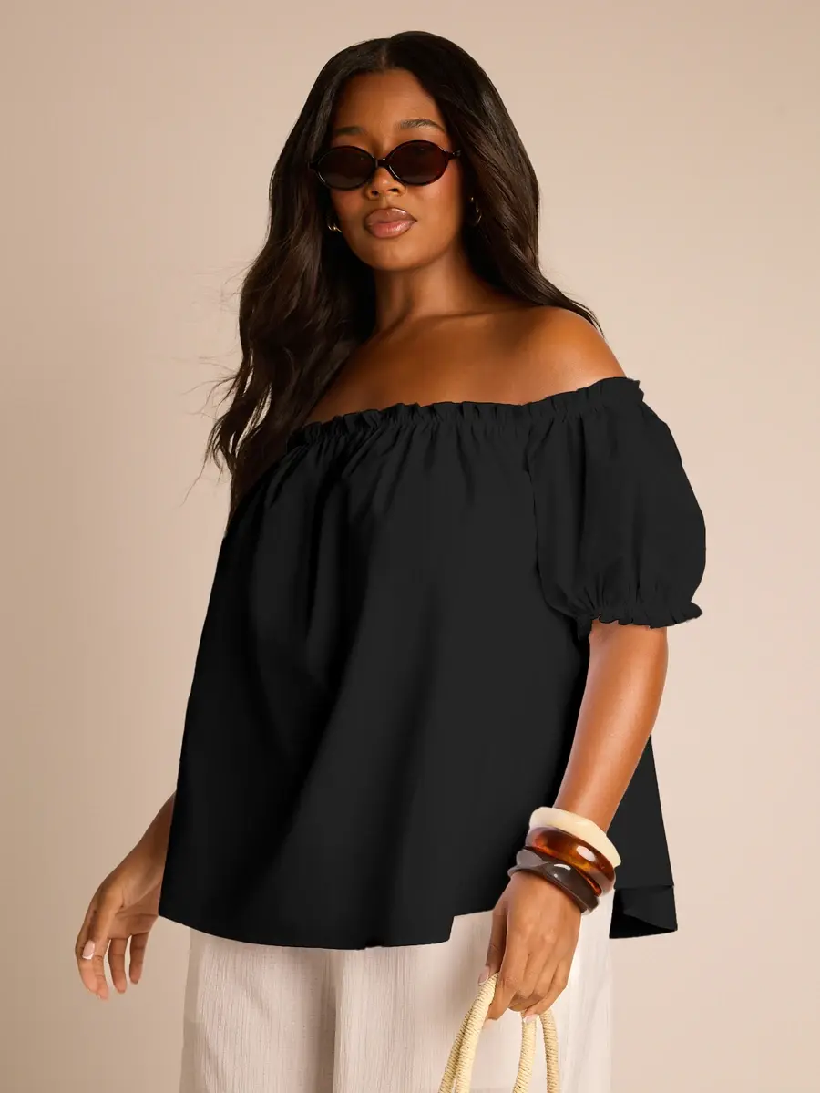 Plus Size Cotton Poplin Bardot Off The Shoulder Loose Fit Black Top Summer Casual Off The Shoulder Puff Sleeve Cute Elegant Chic