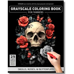 Skulls, Roses, & Butterflies Grayscale Coloring Book For Markers: Great coloring book gift for family, friends, and coworkers, DIY Painting Supplies for Stress Relief, Holiday Paperback