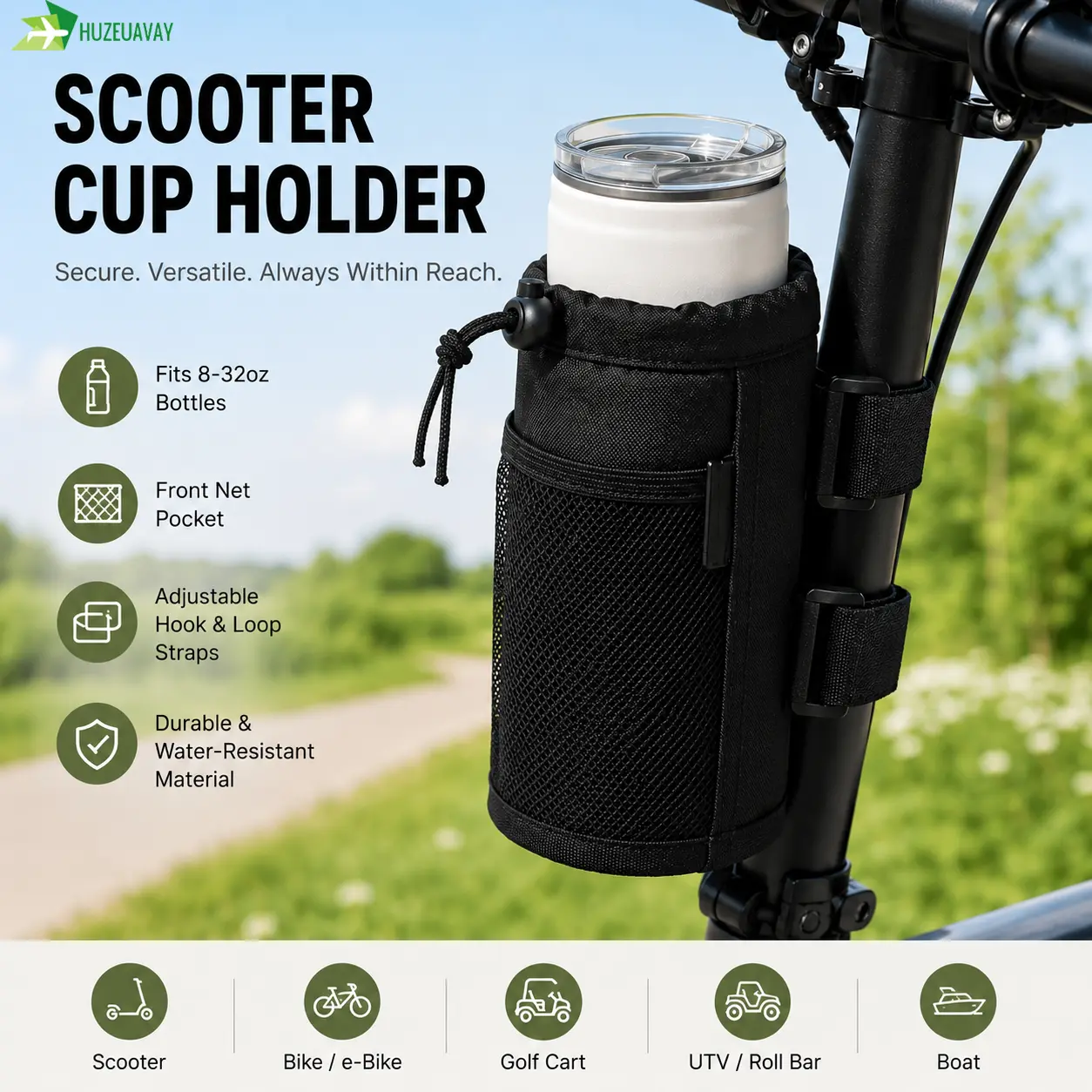 Scooter Cup Holder for 8-32oz Bottles, Wheelchair Walker Water Bottle Holder for UTV Roll Bar Bike e-Bike Golf Cart and Boat, Drink Holder with Net Pockets and Hook and Loop Straps