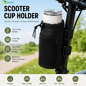 Scooter Cup Holder for 8-32oz Bottles, Wheelchair Walker Water Bottle Holder for UTV Roll Bar Bike e-Bike Golf Cart and Boat, Drink Holder with Net Pockets and Hook and Loop Straps