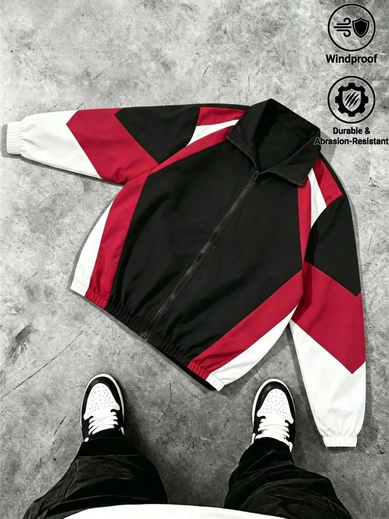 Men's Vintage Color Block Windbreaker Jacket, Loose Fit Athletic Top with Stand Collar, All Season Wind-Resistant Outerwear, Menswear, Coats, Tops, Stylish, Elastic Cuff