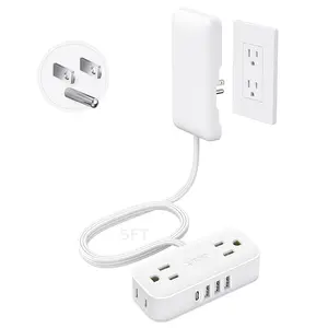 Flat Plug Power Strip with Outlet Cover - 5ft Flat Extension Cord Outlet Extender Concealer with 4 AC 4 USB Ports, Fit Standard Size Wall Plate for Kitchen Home Office to Hide Messy, White