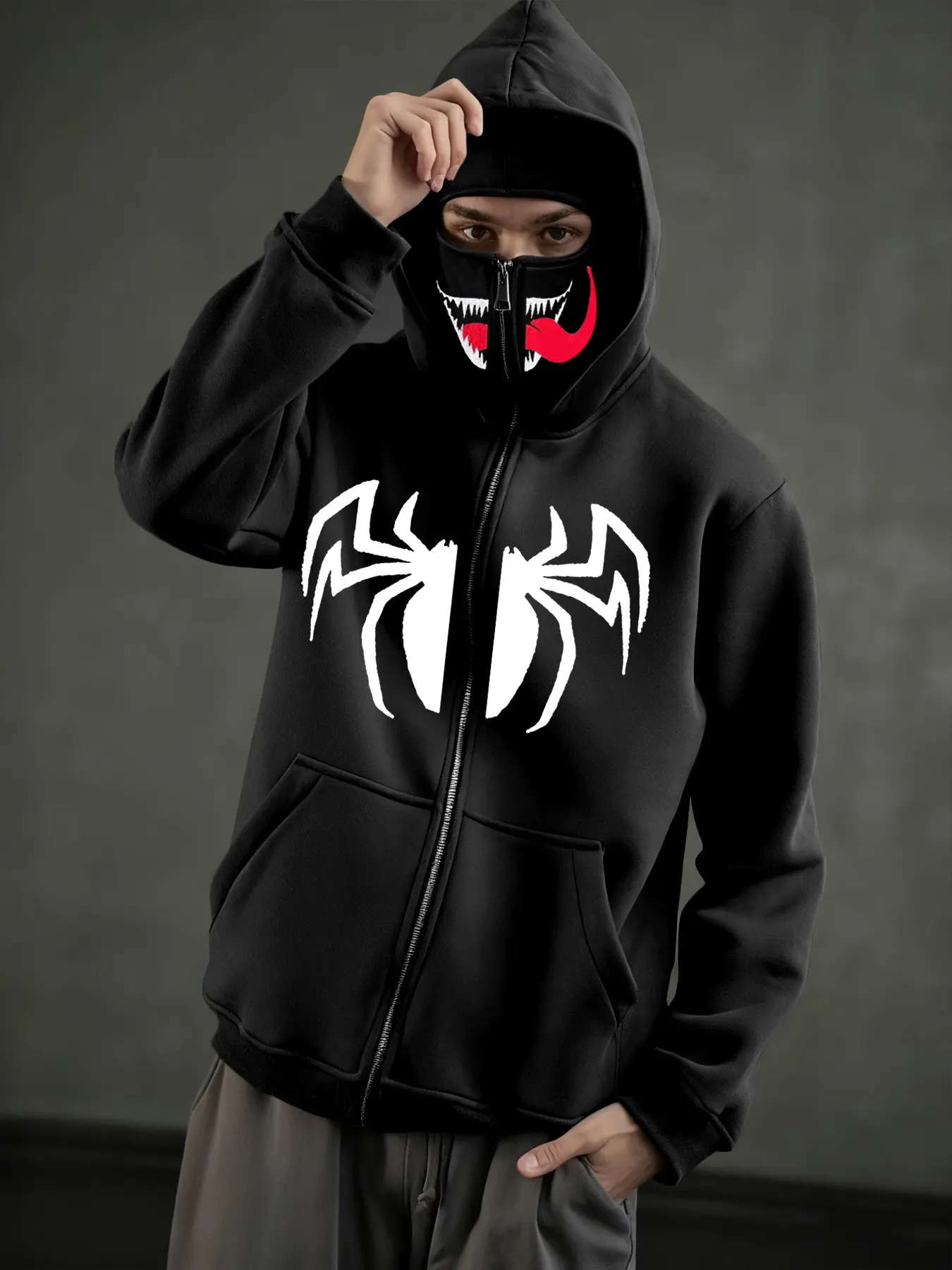Men's Halloween Devil Tongue Spider Pattern Hooded Zipper Long Sleeves Jacket, Street Style Sweatshirt, Fall & Winter Comfortable Fashion, Heavyweight Streetwear Sweatshirts