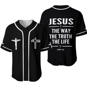 Jesus Baseball Jersey – Black Christian Button Up, Cross Crucifix Front, John 14 6 The Way The Truth The Life Back Print