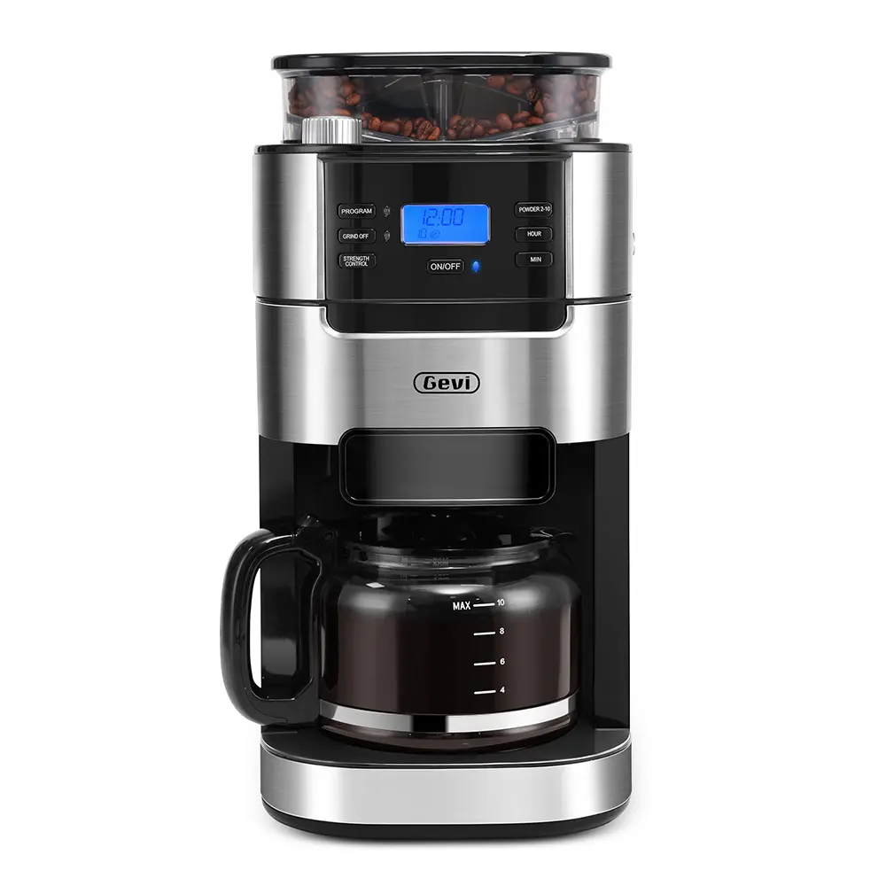 【Springtok】Gevi Family Size Countertop Built-In Coffee Machine with Burr Grinder, 10-Cup Programmable Grind & Brew, 1.5L Easy Filling Water Reservoir, Keep Warm Plate, Enhanced Flavor, Coffee Maker Machine
