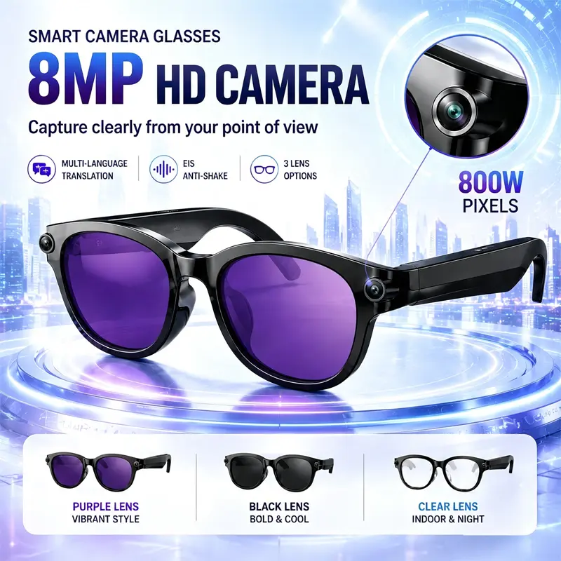 PLEIVO AI Smart Glasses, Future-Forward Wearable Device, 8MP HD Camera, AI Recognition Assistant, Open-Ear Audio, Replaceable Lens Design, Immersive Listening, First-Person Capture, Ideal Smart Gift
