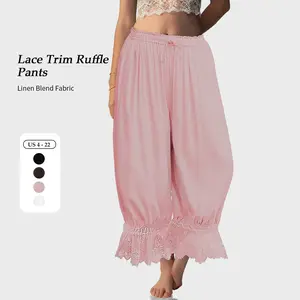 【SS26 Collection】TARSE Women Linen Blend Lace Trim Long Bloomers Pants Ruffle Vintage Pantaloons Summer Beach Travel Vacation Cute Boho Pants with Pockets