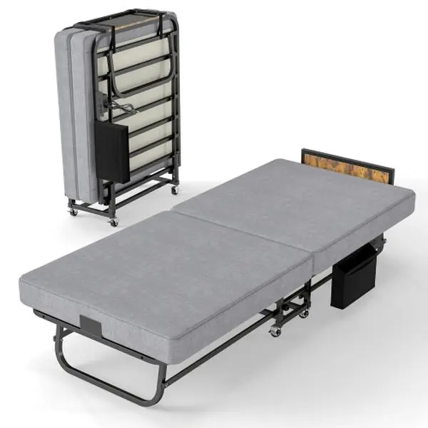 Foldable Rolling Guest Bed with Memory Foam Mattress, Lockable Swivel Casters, Noise-Free Square Steel Frame 450 LBS Capacity, Washable Breathable Cover Compact Folding Bed for Small Spaces