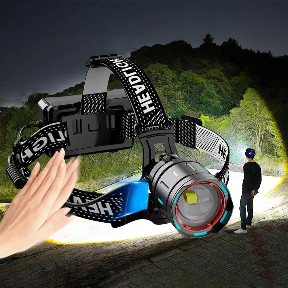 Rechargeable Headlamp, 1 Box Outdoor Waterproof Headlight with Sensor Switch, Zoom Head Lamp for Camping Hunting Work Fishing, USB Rechargeable Headlamp, Waterproof Head Lights, Head Lamp Battery Powered