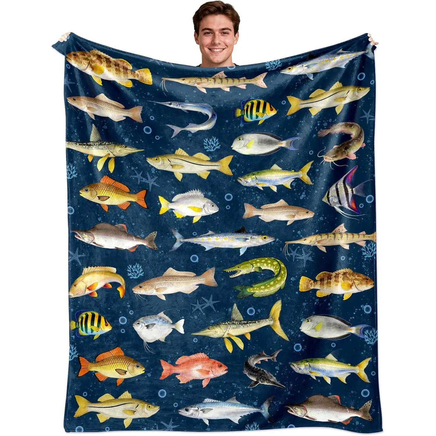Funny Fishing Flannel Throw Blanket, Soft Fish Angler Artwork for Men Boys Fishermen and Fish Lovers, Cabin Sofa and Bedroom Bed Accent, Fishing Lodge Decor, Movie Nights and Cozy Weekend Rest