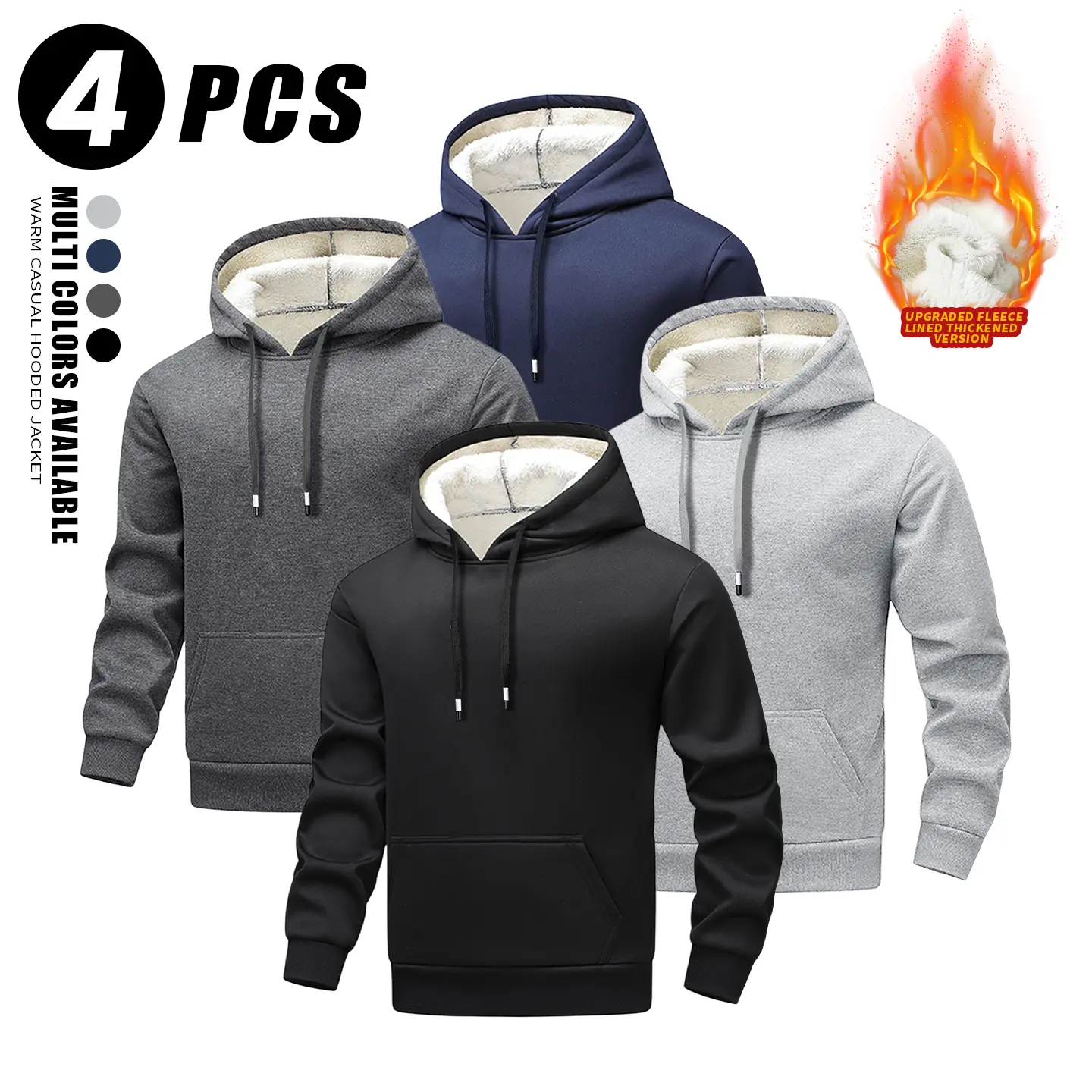 Men's 4-Pack Hooded Sweater Sweatshirts, Solid Plain Look Sherpa Fleece Lined Athletic Pullover, Thick Warm Winter Menswear Top with Long Sleeves, Kangaroo Pocket, Polyester Blend for Casual Outing