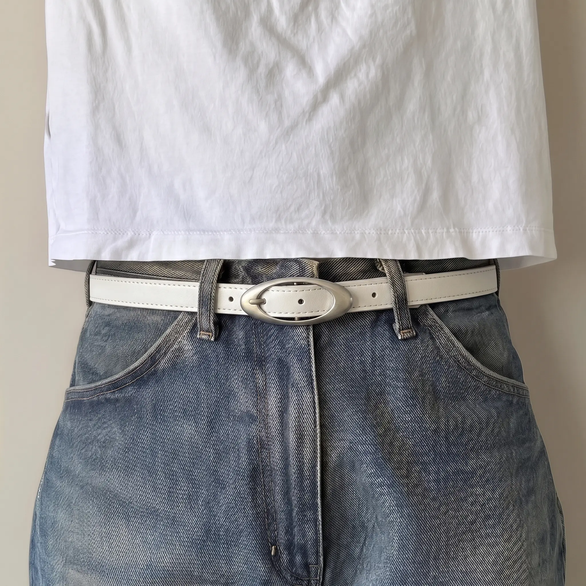 Y2K White Oval Buckle Belt - Fits Waist 25-34