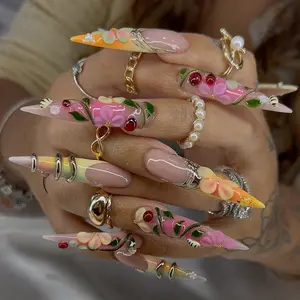 Luxury Maximalist 3D Garden Stiletto Press On Nails | Fairycore Floral & Ladybug Fake Nails | Reusable Handmade Set