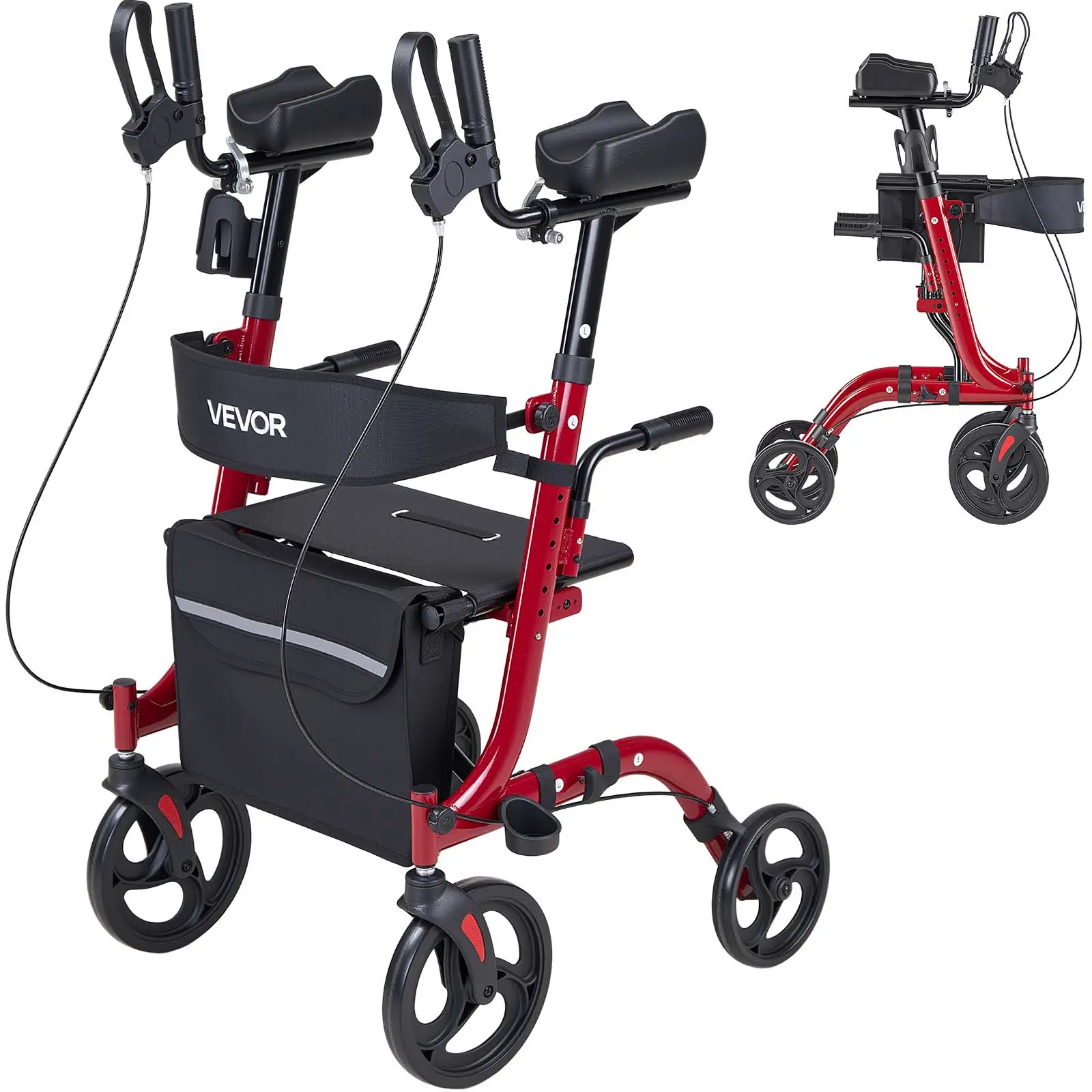 VEVOR Adjustable Handle Rollator Walker for Seniors, Collapsible Staff Mobility Support Telescopic Rollator, Lightweight Aluminum Foldable Walking Aid with PVC Solid Wheels, Storage Bag, Cup/Cane Holder - 300LBS Capacity, Collapsible Staff Rollator Walker