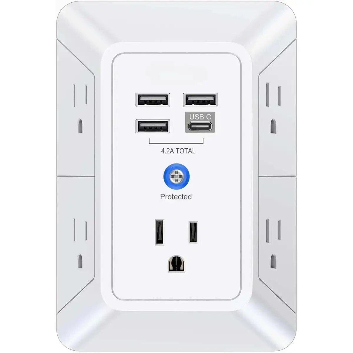 5 Outlet Extender Multi Plug Wall Outlets with 4 USB Charging Ports (1 USB C Outlet), 3 Sided 1680J Surge Protector Power Strip USB Wall Charger for Home, Office, Travel, ETL Listed, White