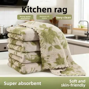 10pcs Kitchen Dish Cloth Cleaning Towel Coral Material Green Rose Pattern Wash Wipe Table Countertop Stove Sink Home Use Soft Thick Lint Reuse Re-use Super Absorbent Reusable Multi Colors Holiday