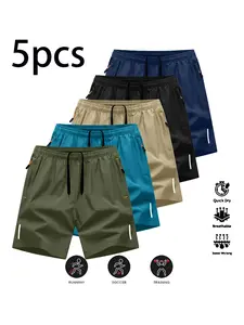 Men's Lightweight Quick-Dry Breathable Shorts, Casual Athletic Shorts, Running Sports Shorts, Casual Sportswear Anti-Wrinkle Plain Reflective Striped Gym Training Essentials, Pack of 5