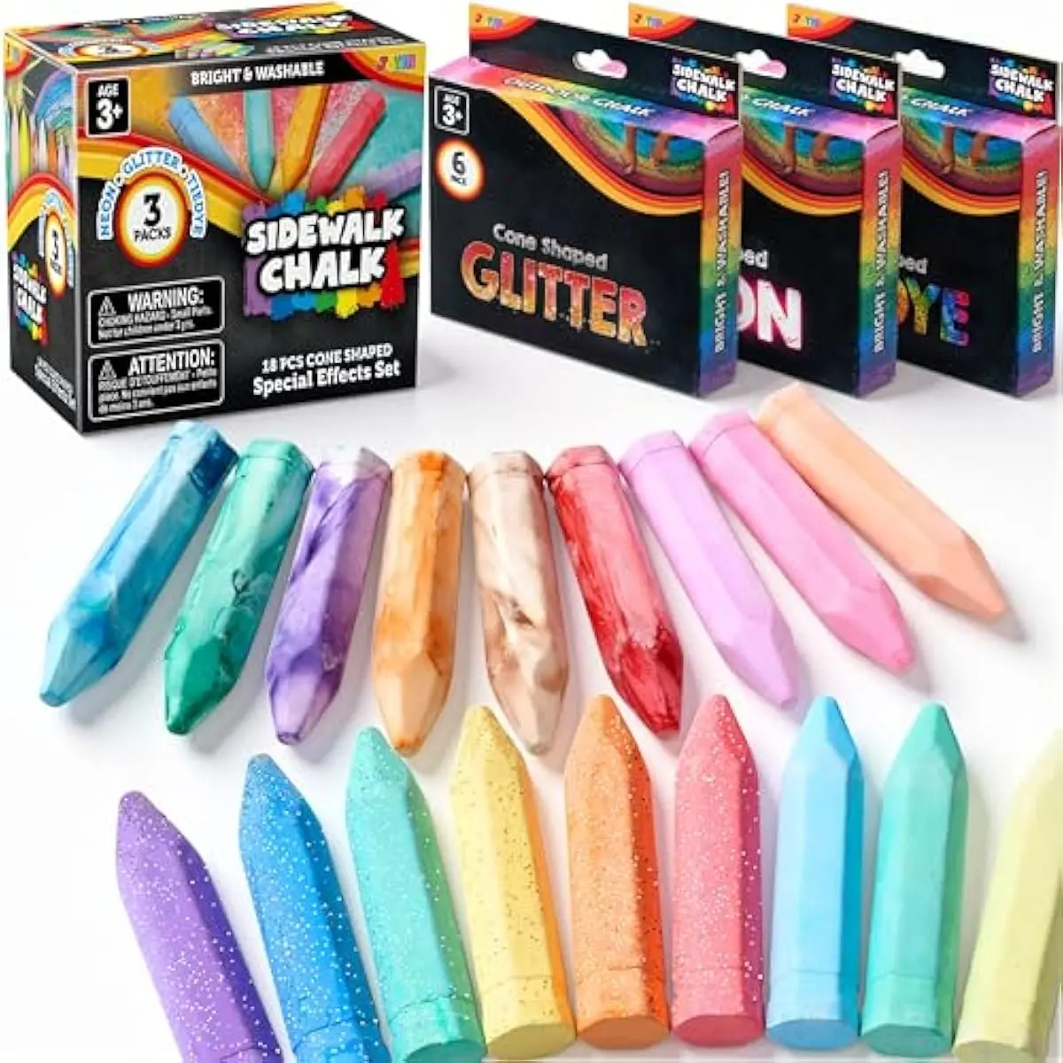 18 PCS Washable Sidewalk Chalk, 3 Packs Total, 3 Styles (Tie-Dye, Glitter & Neon), Outdoor Chalks for Painting, Drawing, Easter Basket Stuffers