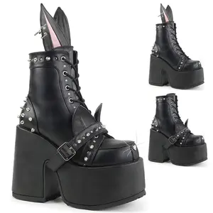Demonia Camel-202 Black Vegan Leather Ankle Boots