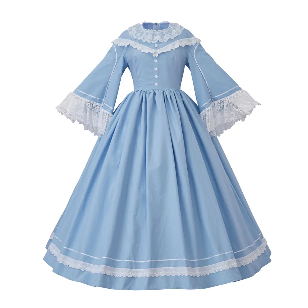Women's Victorian Civil War Gown Set - Plain Polyester Fabric, Adjustable Bodice, Crew Neck, Knot Detail, Tiered Layers, Fitted, Matching, All Seasons Lady Outfit with Accessories for Cosplay, Larpers, Adjustable Fit, Steampunk