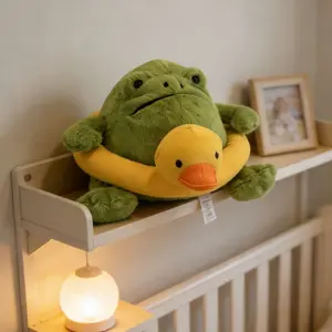 Cute Grumpy Frog Plush Toy with Yellow Duck Swim‑Ring, Soft Green Fluffy Amphibian Stuffed Doll, Kawaii Summer‑Themed Animal Plush