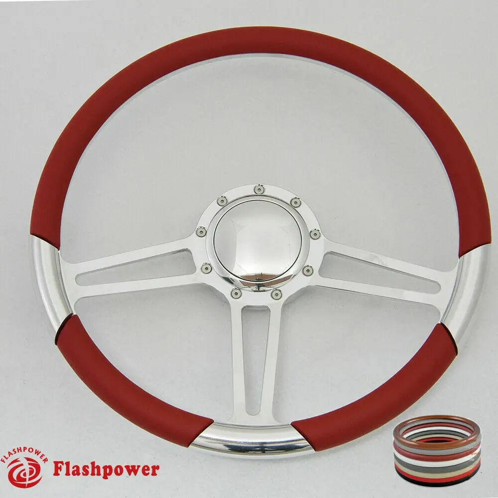 15.5 in Mirror Polish Billet Aluminium Steering Wheel, White Half Wrap for Firebird, Billet Alum. Ford Car Interior Accessory, 15.5 Inches
