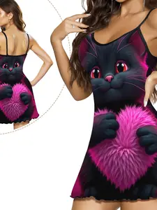Women's Sexy Cami Dress with Cat Heart Print, Slim Fit Polyester Nightgown for Summer, Comfortable Casual Homewear for All Seasons