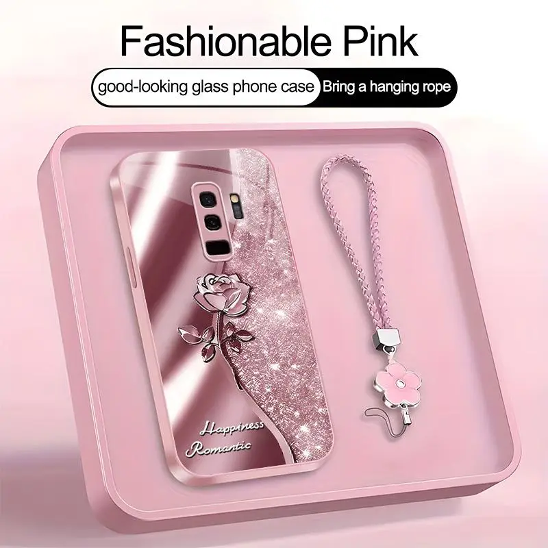 Suitable for [Galaxy S9+] high-end phone case，a beautiful four-leaf clover lanyard is included,printed case, no glitter，exquisite high-quality rose pattern,a variety of colors are available for you to choose from YM99