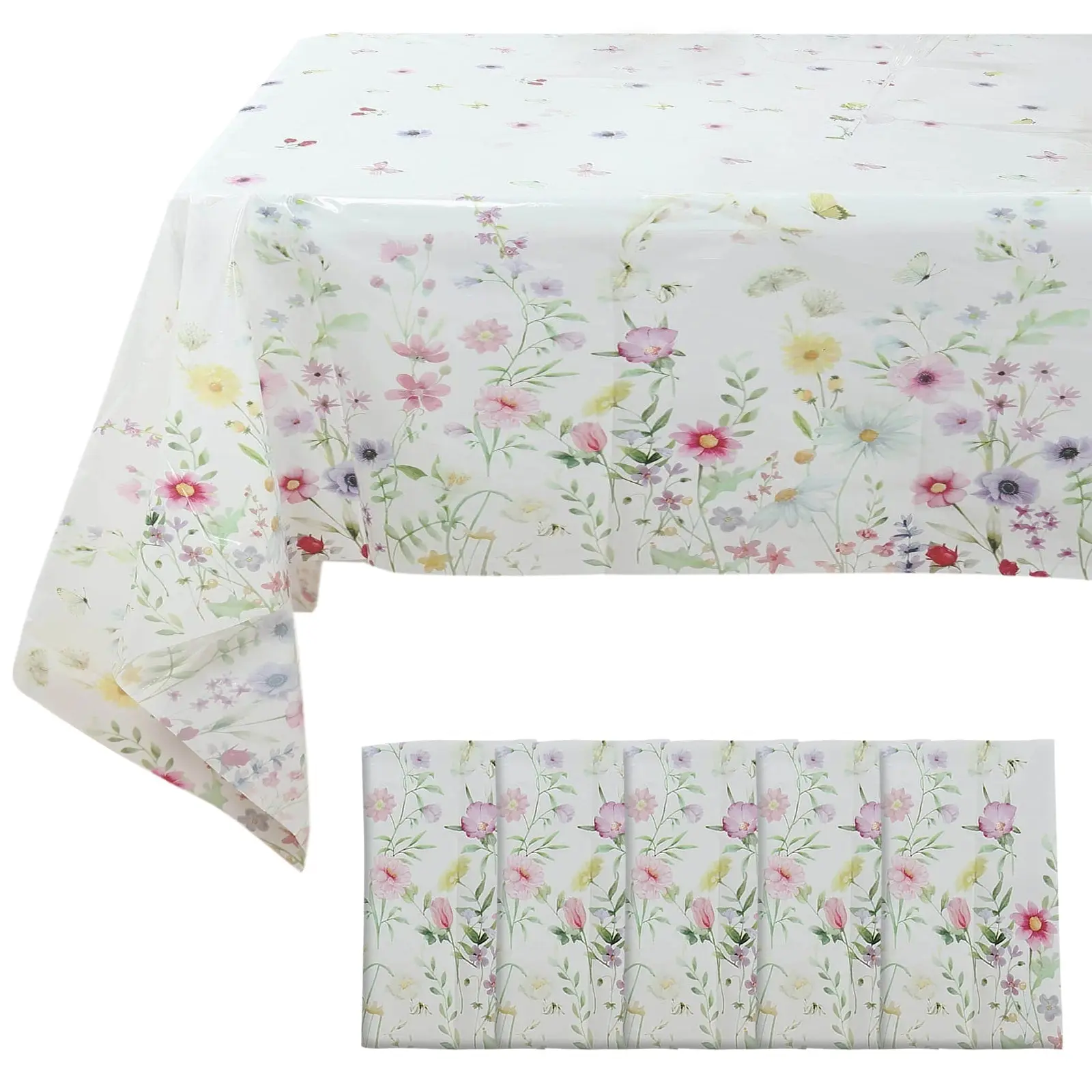 5-Pack PVC Waterproof Disposable Plastic Tablecloths, 54"x108" White/Green Spring Floral Rectangle with Wild Flowers Butterfly Print for Picnic Dining Table