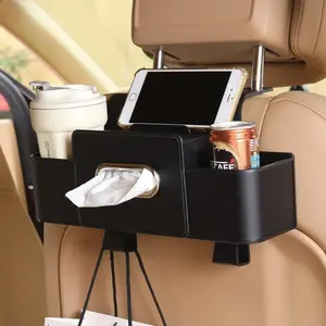 Multifunctional Car Seat Back Storage Box with Tissue Holder 2 Cup Holders & Bags Hooks Non-Woven Car Organizer for Tidy Back Seat Car Interior Accessory