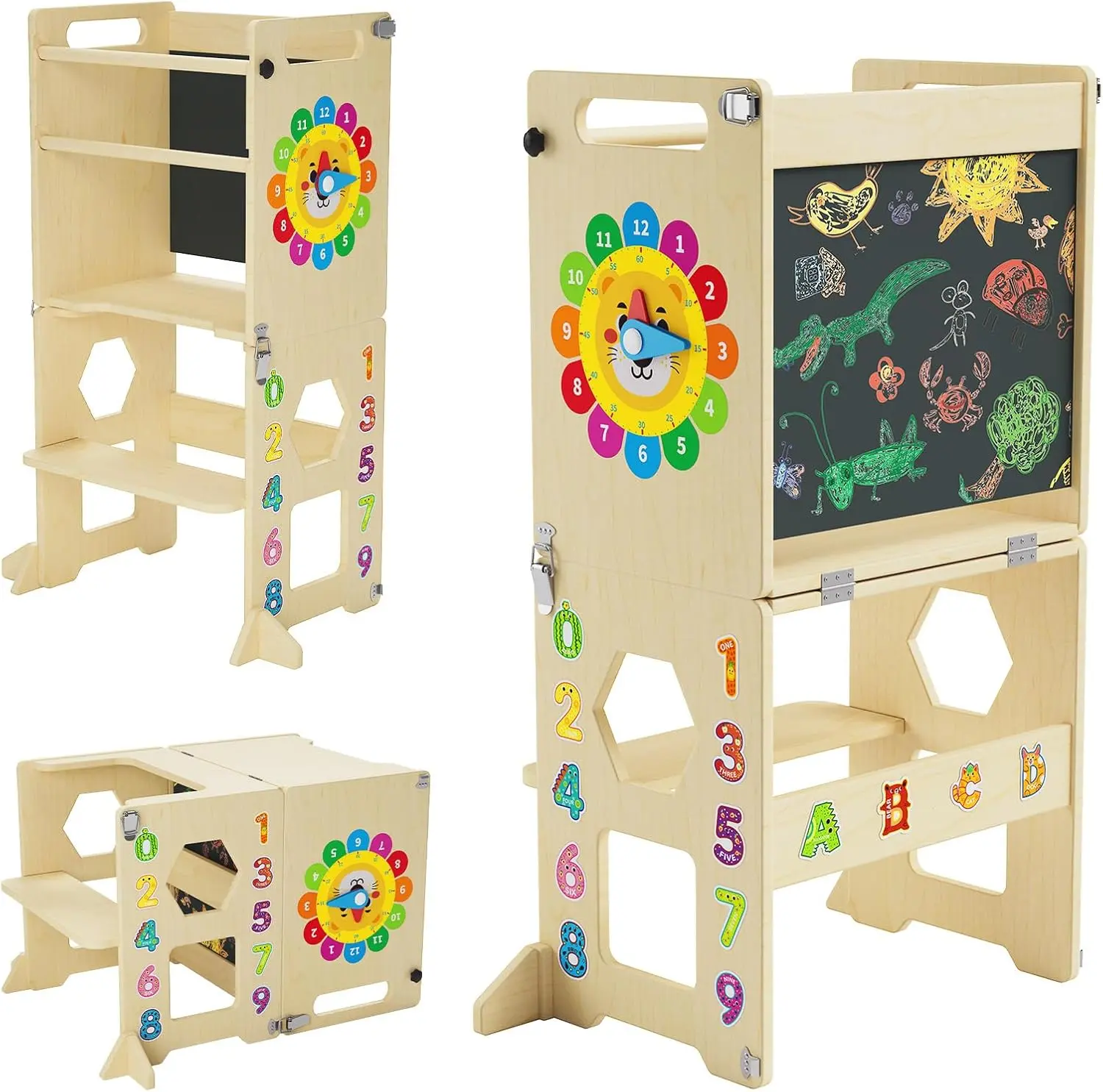 4-in-1 Toddler Standing Tower, Foldable Standing Tower with Blackboard and Wooden Learning Clock, Toddler Kitchen Stool Helper for Kids,Wooden Kids Kitchen Step Stool