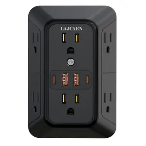 USB Wall Charger, 6 Outlet Extender with 4 USB Charging Ports 3-Sided Power Strip Multi Plug Outlets Wall Adapter Spaced for Home Travel Office, Black