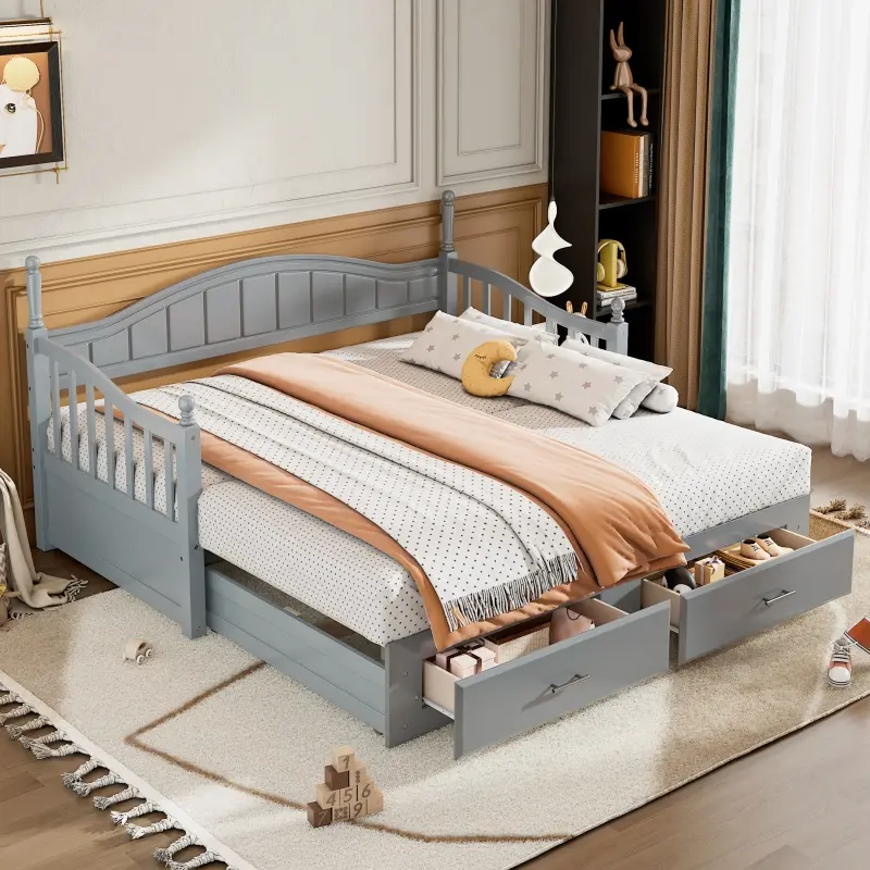 Twin Size Wooden Extendable Daybed with Twin Trundle, 2 Storage Drawers, No Box Spring Needed, Wooden Construction, Two Storage Drawers