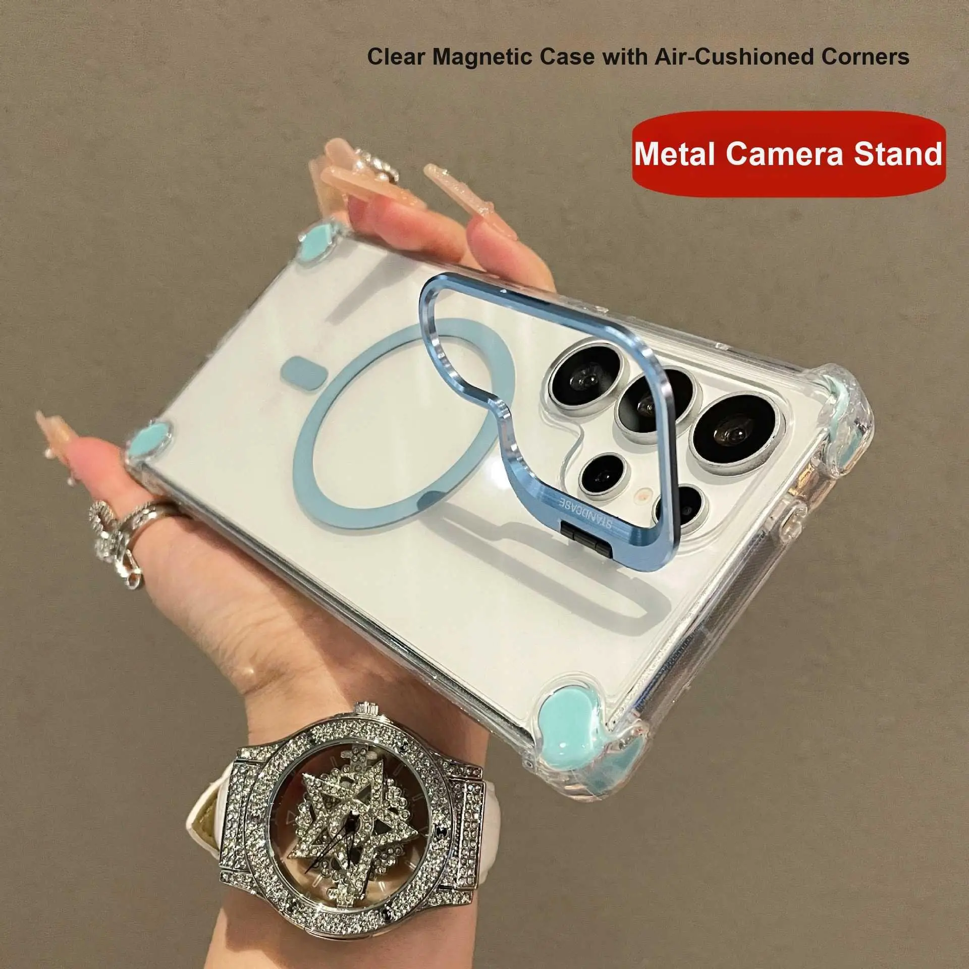 For Samsung Galaxy S26 Ultra Phone Case Metal Lens Stand Magnetic Clear 4-Corner Airbags For Samsung Galaxy S25 Ultra Shockproof HNU14