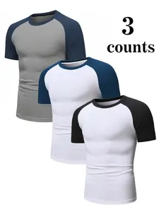 Men’s 3-pack raglan short-sleeve T-shirts, crew neck, slim fit, color-block design, grey-navy, white-navy, white-black combinations, soft stretch fabric, casual everyday wear, versatile basic tees