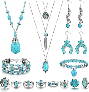 FUNRUN Boho Turquoise Jewelry Set - 14Pcs Dangle Earrings, Knuckle Rings, Wrap Bracelet, Layered Necklace & Sunflower Ring for Women