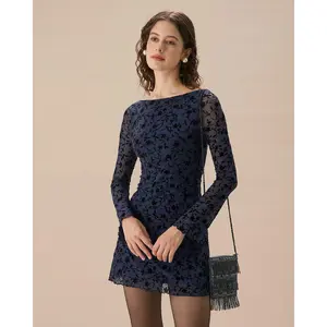 Rihoas Women's Blue Polyester-Spandex Mesh Long-Sleeve Bell-Sleeve Lightweight Mini Dress - Poly Casual Dresses with Elegance, Comfortable Chic Womenswear