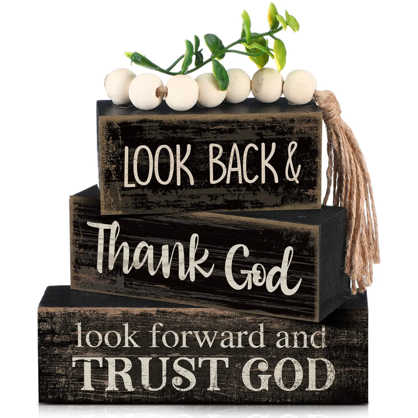 Set of 4 farmhouse-style desktop decorations: motivational wooden plaques, vintage eucalyptus wood ornaments, “Thank You—Trust God” themed pieces, living room farmhouse-style centerpiece decoration, housewarming gift